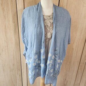 Light Blue Embroidered Daisy Kimono Cardigan Shawl Wrap One Size